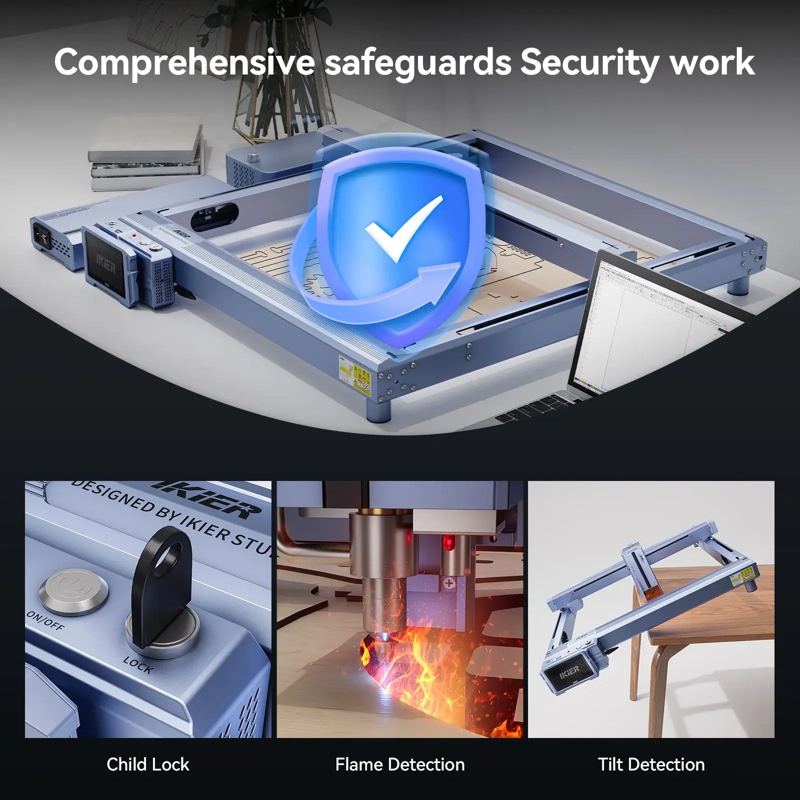 iKier 70W diode laser cutting Safety Features: Child Lock, Flame & Tilt Detection